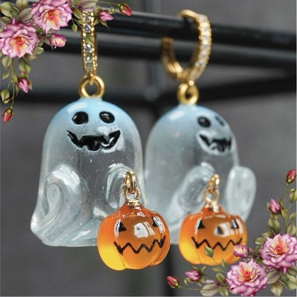 Ghost Pumpkin Earrings With Zirconia Circle Halloween trick or treat - Picture 1 of 13